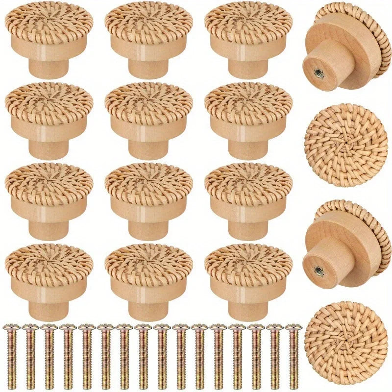 6PCS Rattan Wooden Handles Round Handmade Cabinets Drawer Pulls Wood Kitchen Cupboard Wardrobe Door Dresser Knobs Zpaxo