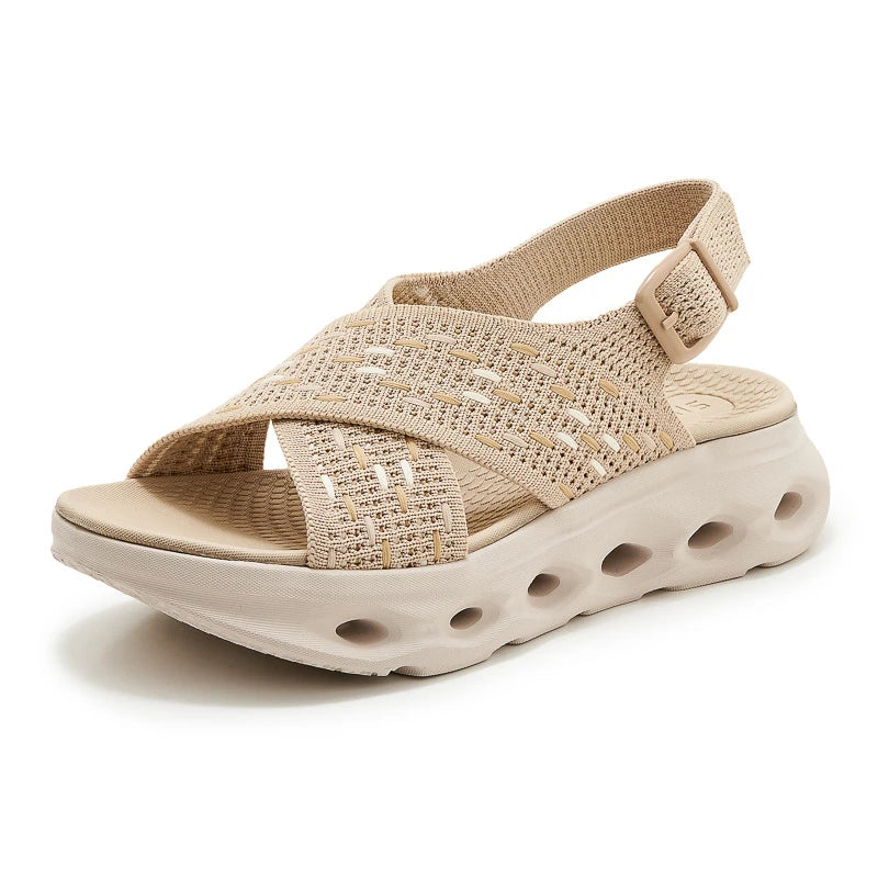 Light Pink Knit Wedge Sandals Breathable Woven Upper Adjustable Zpaxo