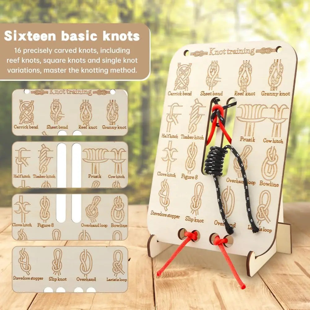 Wooden Knot Tying Practice Board – 16 Knots & 3 Paracords