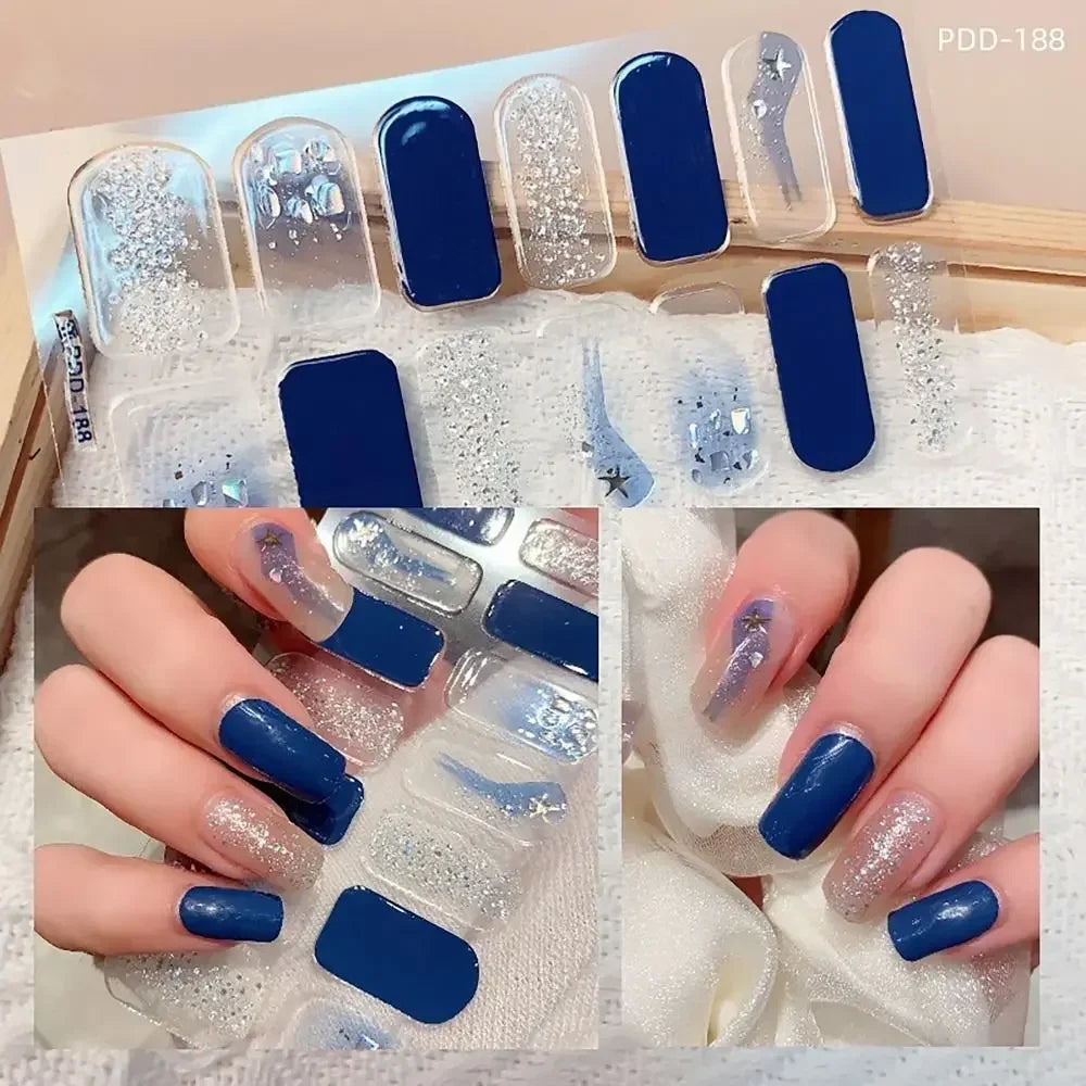 14Strips Gel Nail Stickers Full Cover Floristic Art Semi Cured Polish