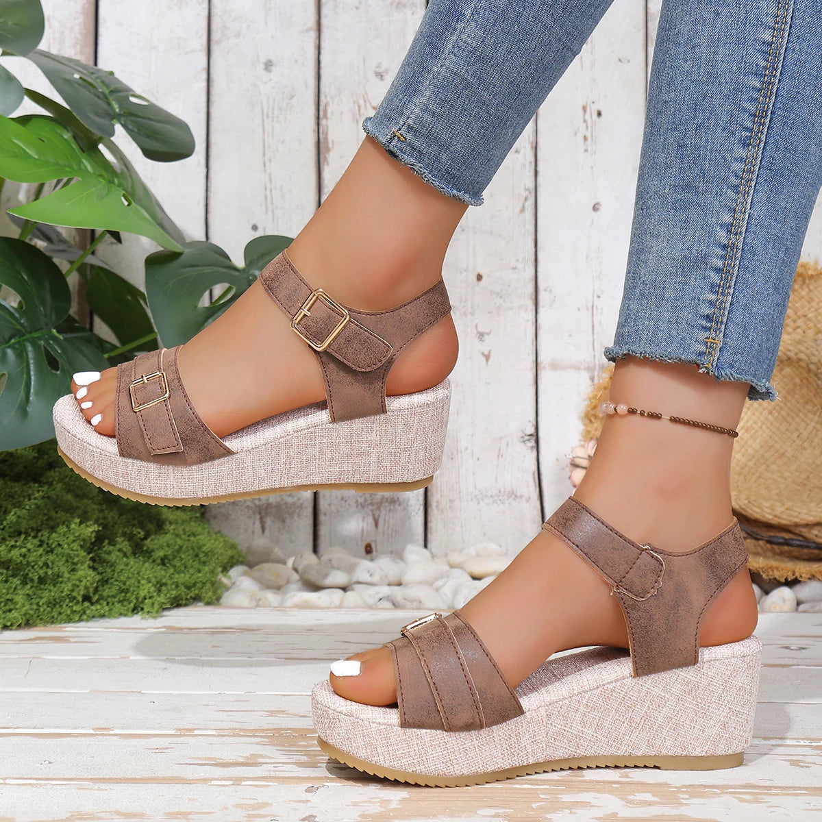 Summer Women Wedge Sandals 2026 New Non-slip Peep Toe Platform Shoes Rubber Sole Buckle Elegant Shoes Woman Sandalias De Mujer Zpaxo