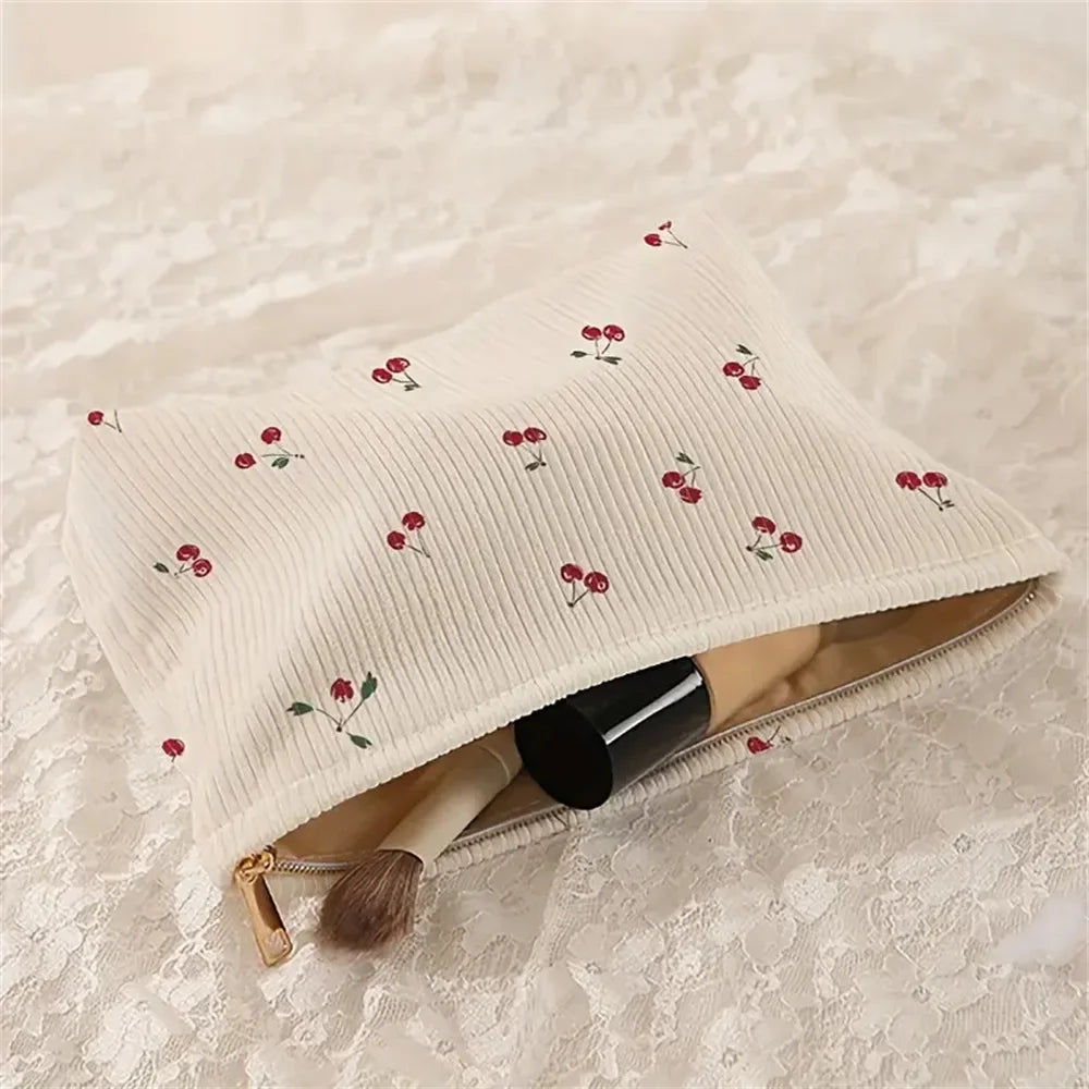 Hand Painted Cherry Corduroy Zipper Makeup Bag Lightweight Travel Toiletry Pouch Bohemian Style Cosmetic Organizer Zpaxo