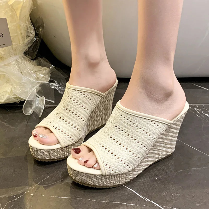 Beautiful Sandals and Slippers Women's Summer Wear Waterproof Platform Straw Thick-soled Wedge Heel High Heel Shoes Zpaxo