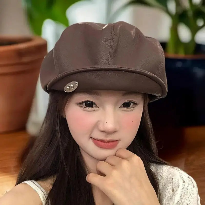 PU Leather Cute Cat Ear Berets Women Solid Casual Newsboy Cap Zpaxo