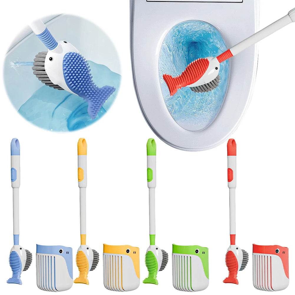 Cartoon Whale Toilet Brush Refillable Handle Dispenser Cleaning Wall