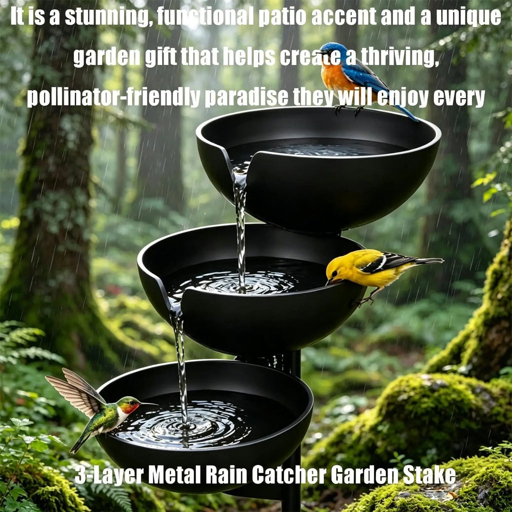 Rain Catcher Bird Bath 3-Tier Decorative Rustic Metal Rustproof Bee Watering Station Hydration Bowls for Outdoor Garden Yard Zpaxo