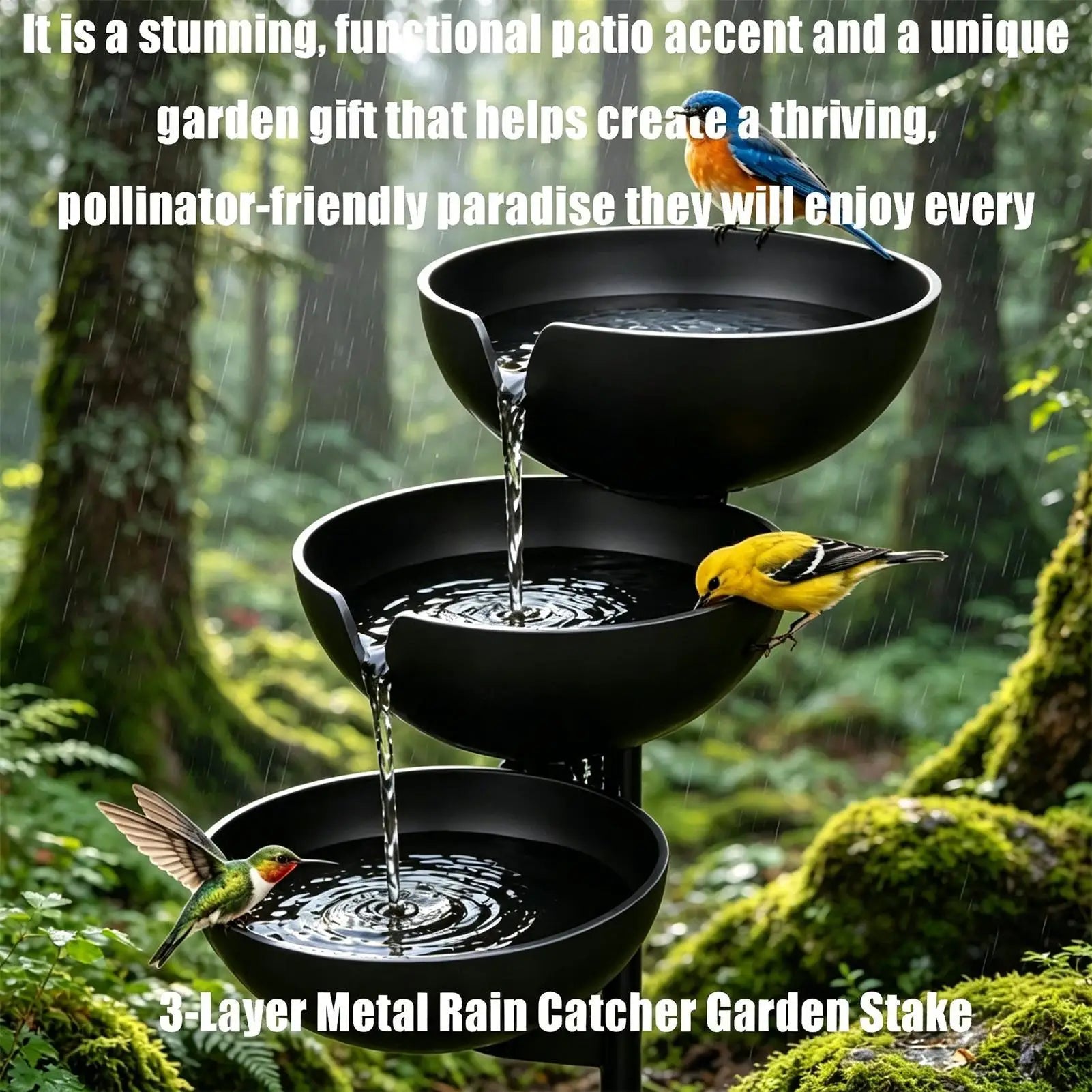 Rain Catcher Bird Bath 3-Tier Decorative Rustic Metal Rustproof Bee Watering Station Hydration Bowls for Outdoor Garden Yard Zpaxo