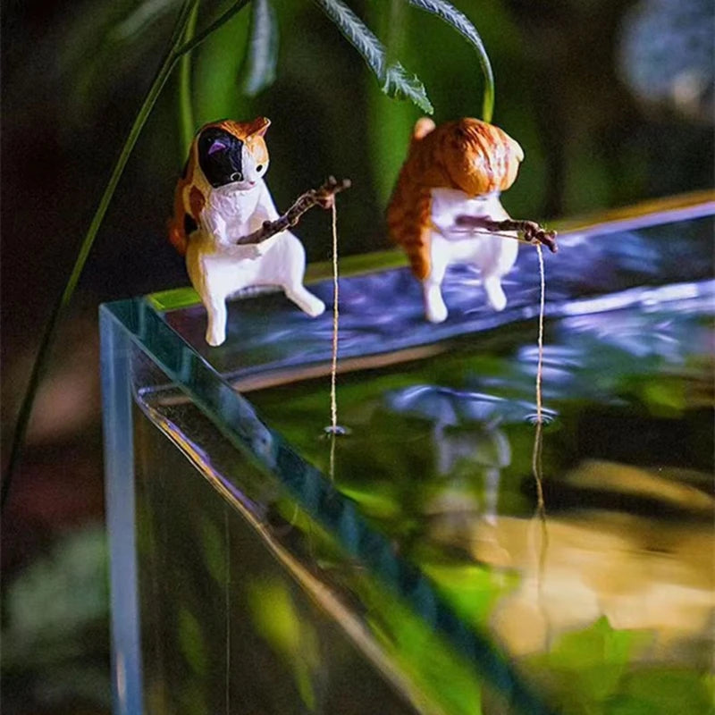 Fishing Cat Ornaments Aquarium Decoration Fish Landscaping Cartoon Cat Statue Mini Resin Figurine Home Decorations Zpaxo