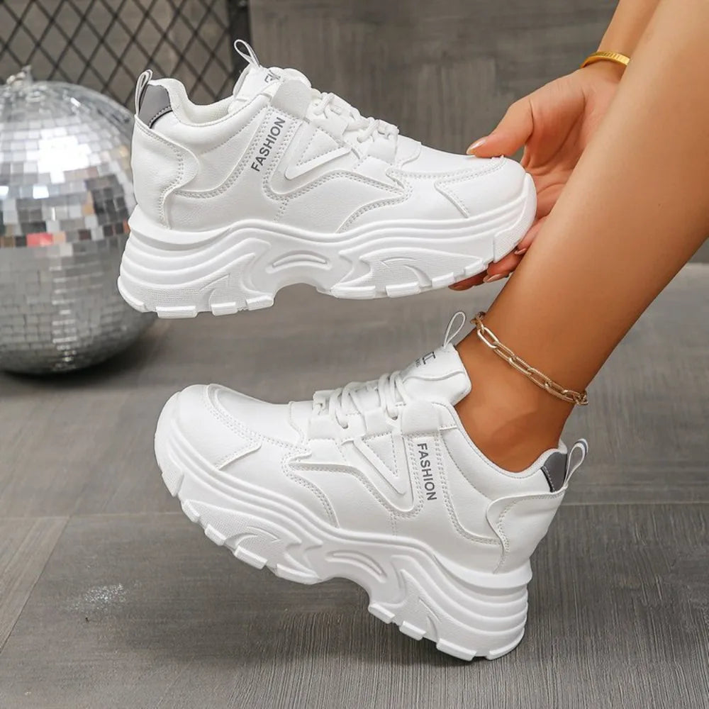 Women's Height Increasing Chunky Sneakers White Black Platform Sports