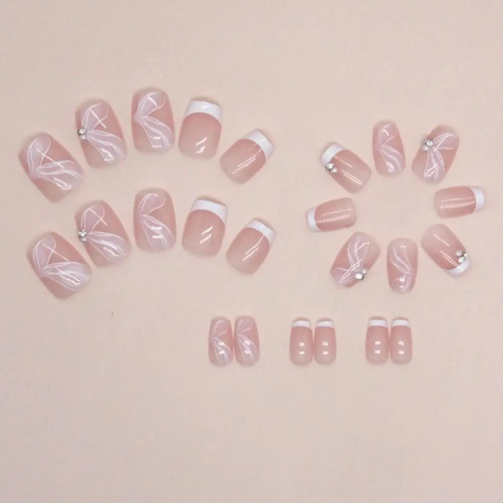 Short Round False Nails French Blue Sparkling Pearl White Wavy Love Zpaxo