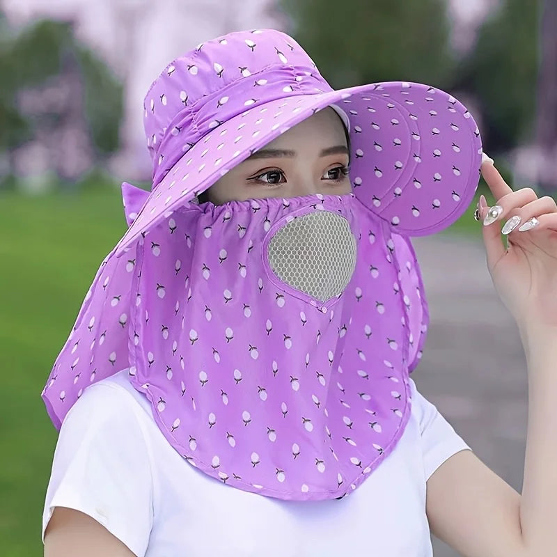 Purple Floral Wide Brim Sun Hat Face Mask Lightweight Breathable UV
