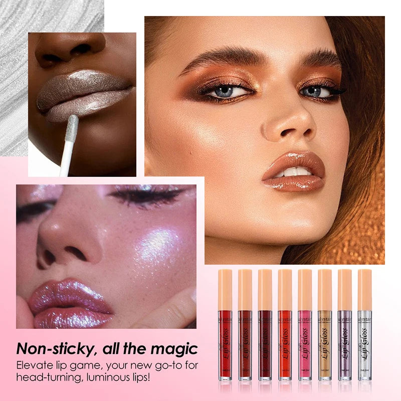 8 Color Glitter Lip Glaze Water Light Mirror Pearlescent Lip Gloss Moisturizing Shimmer Liquid Lipstick Long Lasting Lip Makeup Zpaxo