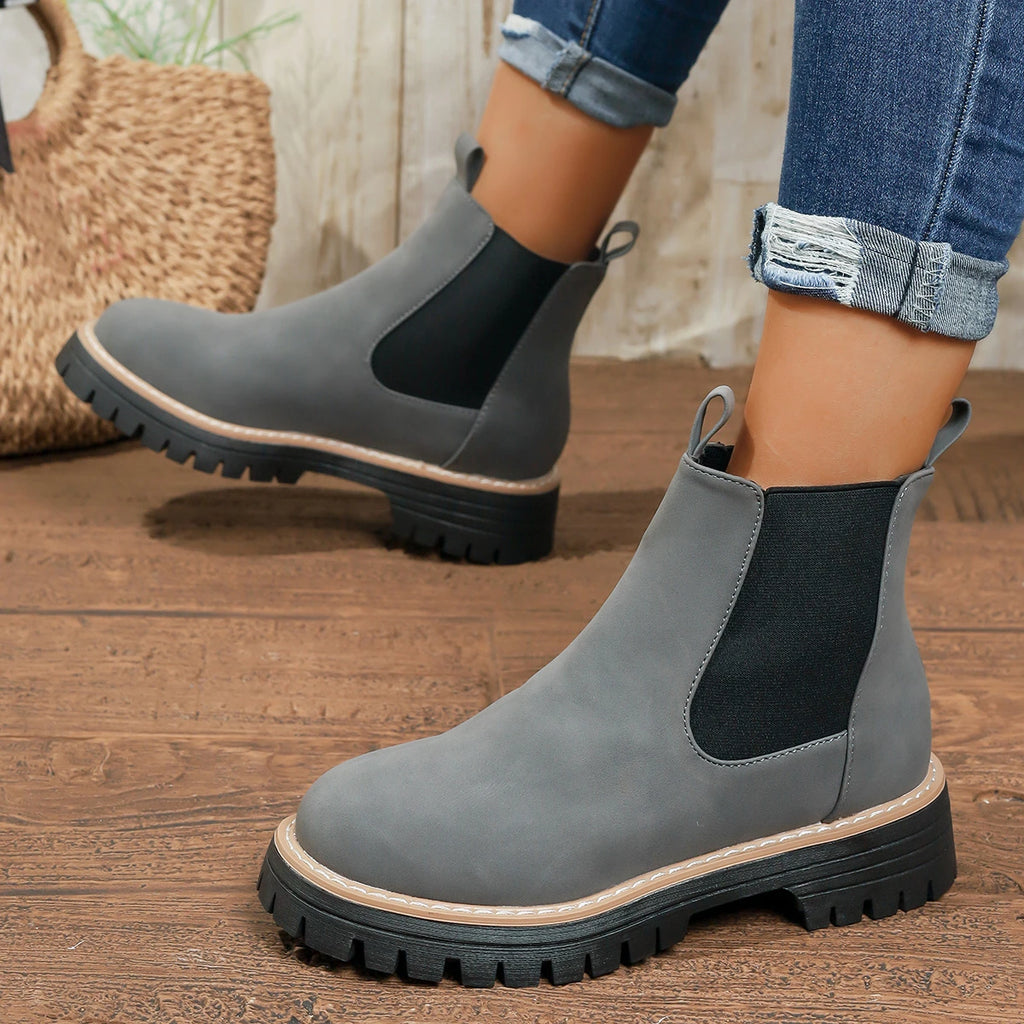 Women Ankle Boots 2025 New Slip on Platform Shoes Woman Thick Bottom Comfortable Shoes British Style Leather Chelsea Boots Women Zpaxo GRAY 42