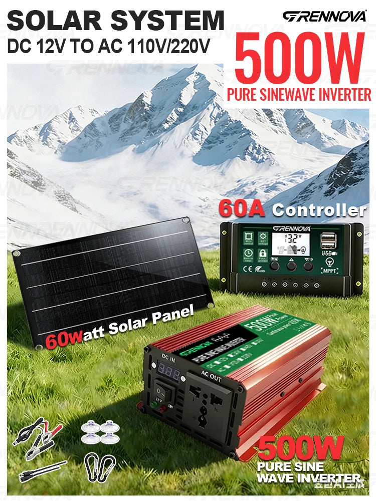 500W Solar System Pure Sine 12V To110V/220V Inverter 60A MPPT Controller 60W Panel Reliably charge smartphones, tablets, laptops Zpaxo