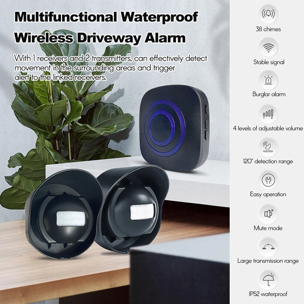 Multi-functional Wireless Driveway Alarm 1 Receiver 2 Transmitters With 38 Chimes Waterproof Outdoor Motion Sensor Alarm Zpaxo