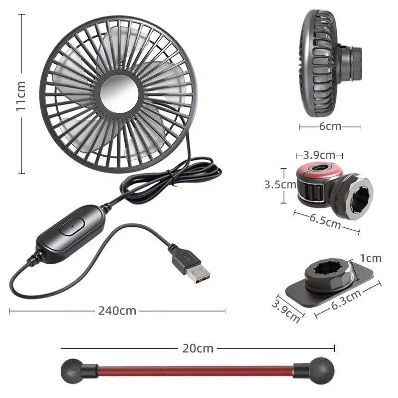 USB Car Fan 360° Swivel 3-Speed Air Circulator – All Vehicles