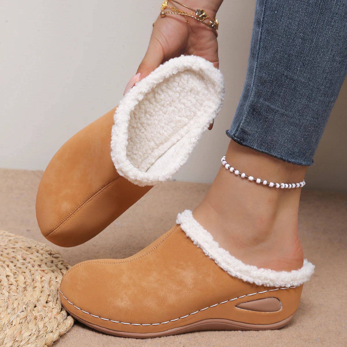 2025 New Women Slippers Comfortable Indoor Slippers Round Toe Flat Bottom Cotton Shoes Large Size Fluffy Mouth Slides Women Zpaxo Khaki 40