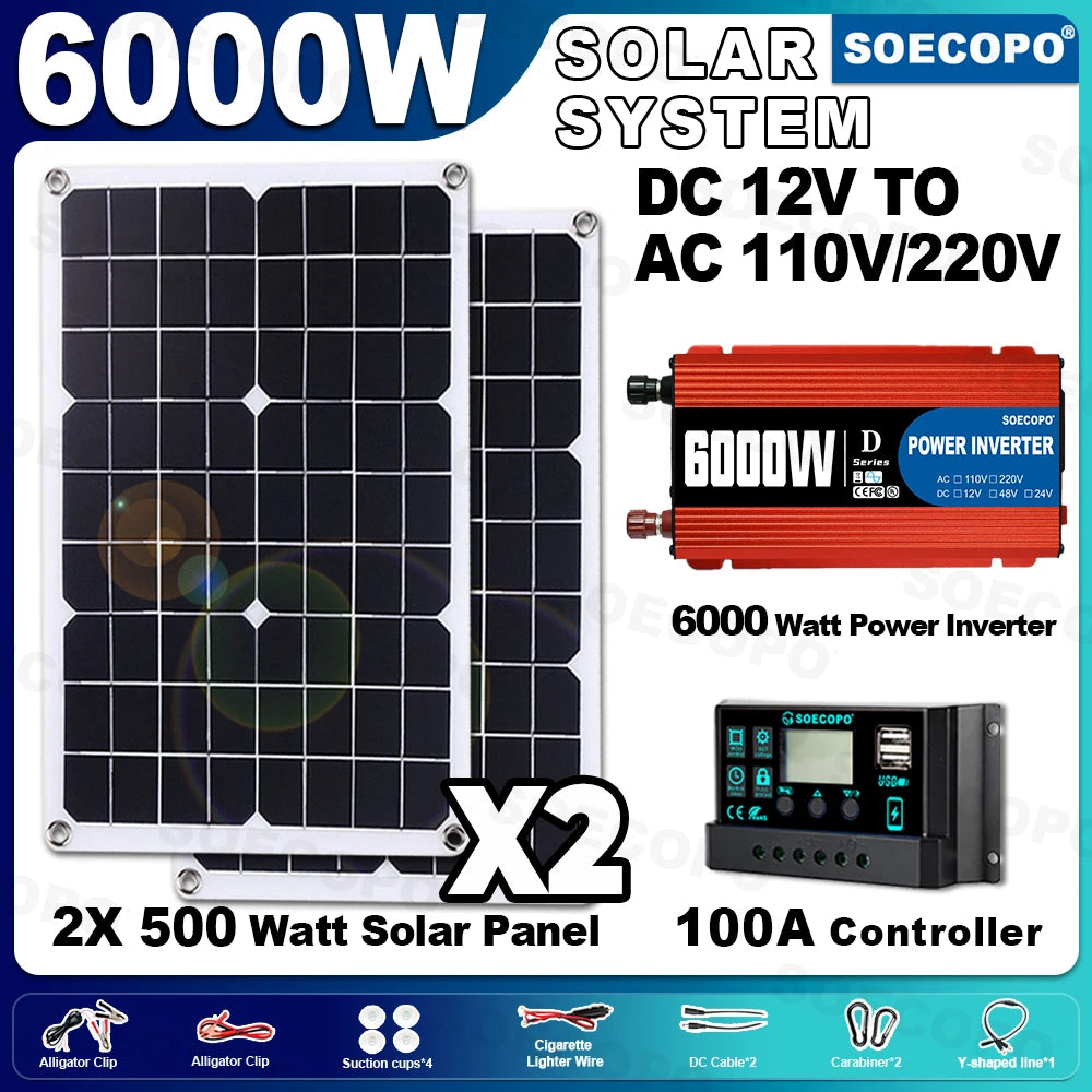 6000W Complete MINI Solar SOECOPO 2 500W Panels+100A Controller+DC