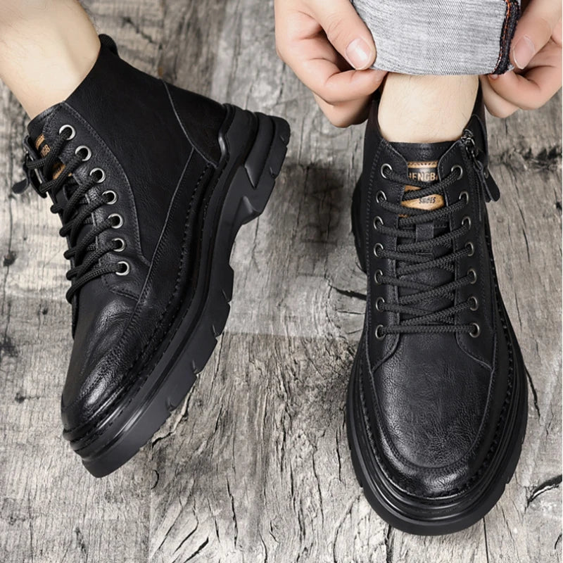 Mens Black Leather Platform Ankle Boots Side Zipper Lace Up Chunky Zpaxo