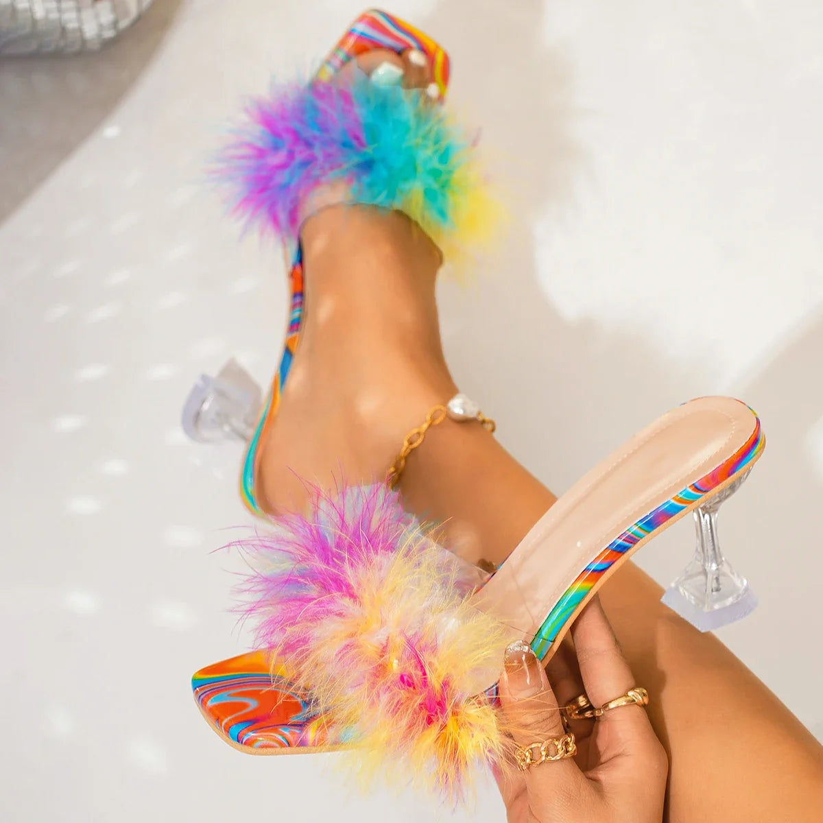 Summer Women Sandals Trend 2025 Fashion Slippers Hairy Stiletto Word Zpaxo MULTI 42