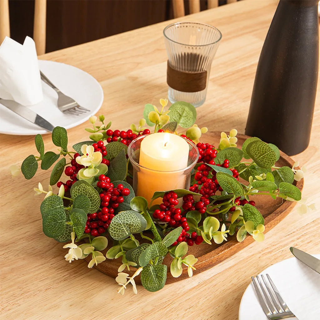 Christmas Candle Ring Wreath – Pine Cone, Holly & Red Berries