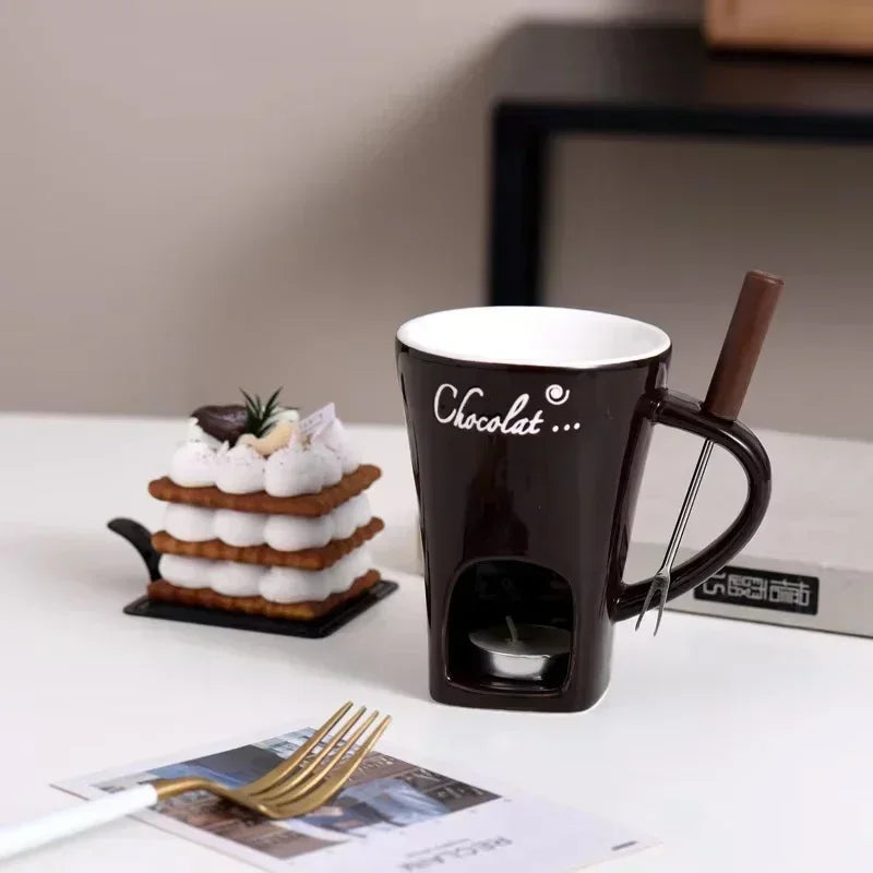Ceramic Chocolate Melting Mug Set – Chafing Cup with Candle & Fork Ceramic Chocolate Mug Set Zpaxo