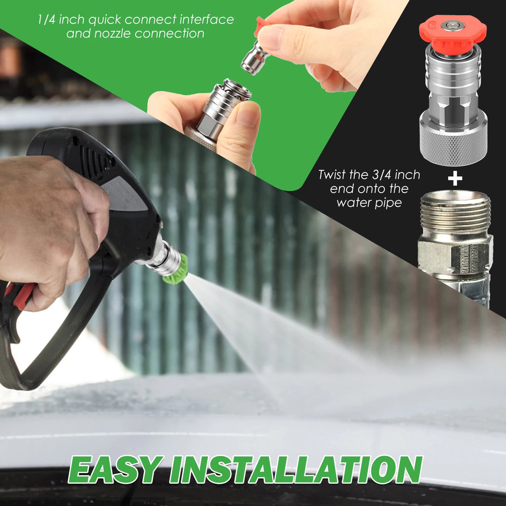 Garden Hose Power Washer Adapter 3/4 GHT to 1/4 Quick Connect Leak Leak Proof Stainless Steel Coupler with Spray Nozzle Tips Set Zpaxo
