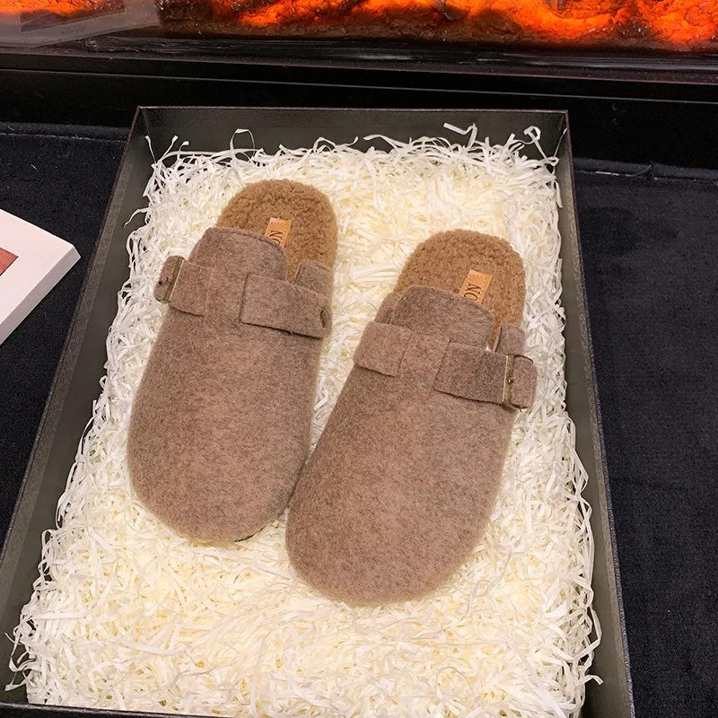2025 Women's Winter Mule Slippers Fashion Felt Suede Fleece Cotton