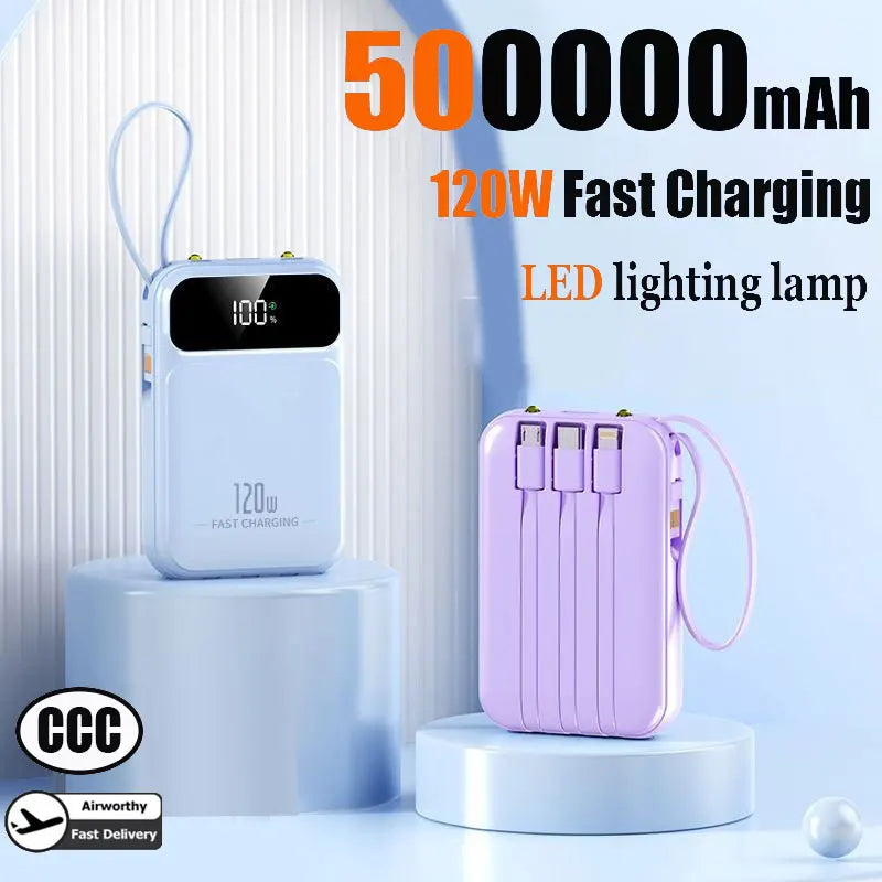 500000mAh Large Capacity Power Bank 120W Super Fast Charging External Battery Built in 4 Cables for iPhone Samsung 2026 New Zpaxo