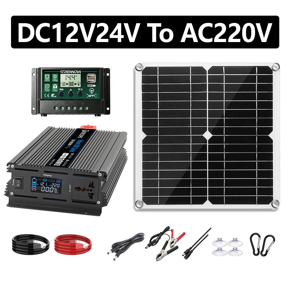 Portable 20000W Solar Power System Kit 300W Panel Inverter Controller DC12V/24V to AC110V/220V Off Grid Camping RV Home Backup Zpaxo 220V solar kit