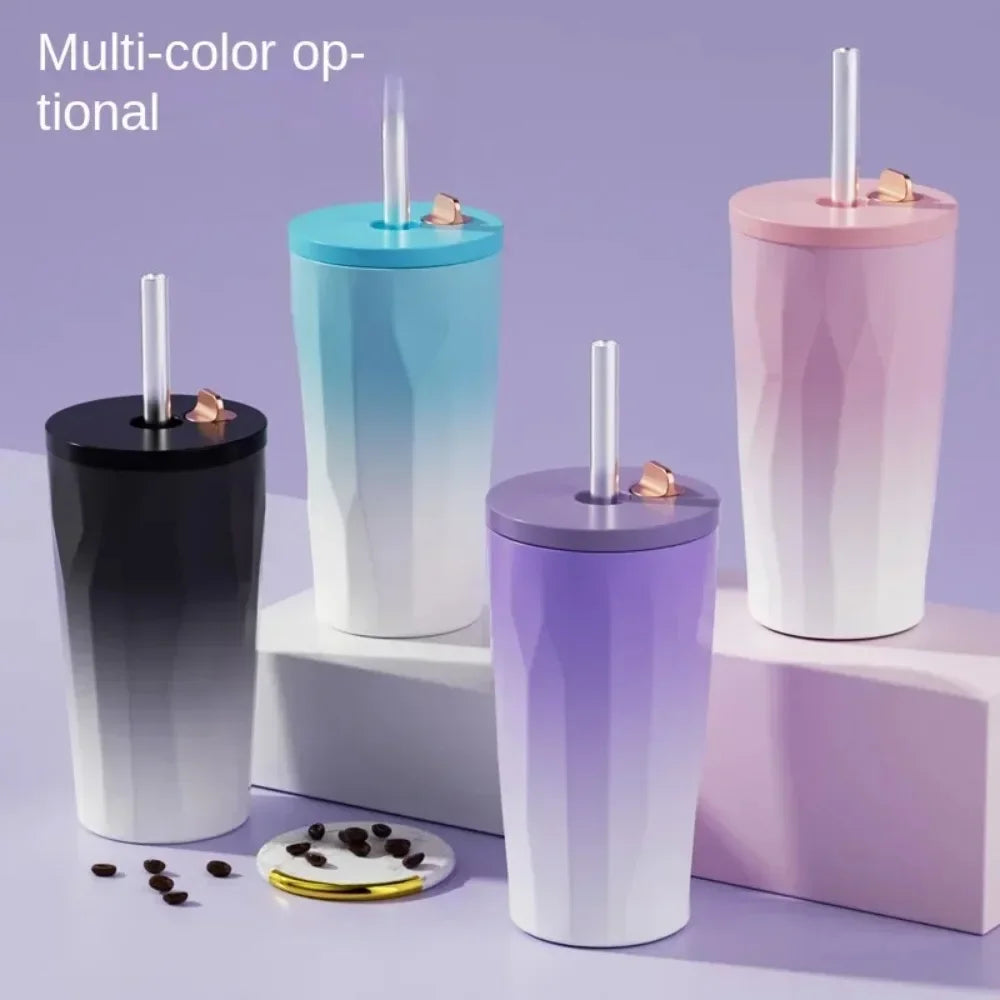 New 600ml Fashion Gradient Coffee Cup Portable Stainless Steel Water Cup with Straw Heat and Cold Insulation Coffee Gift Cup LIY Zpaxo