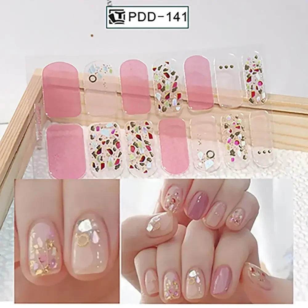14Strips Gel Nail Stickers Full Cover Floristic Art Semi Cured Polish