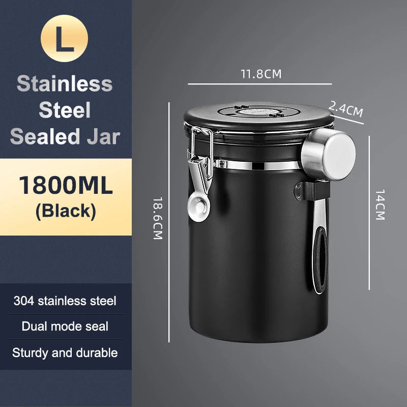1.2 1.5 1.8L Coffee Bean Jar Airtight Canister Sealed Stainless Steel With Spoon One Way Valve Cannister Coffee Storage Kitchen Zpaxo 1800ml Black