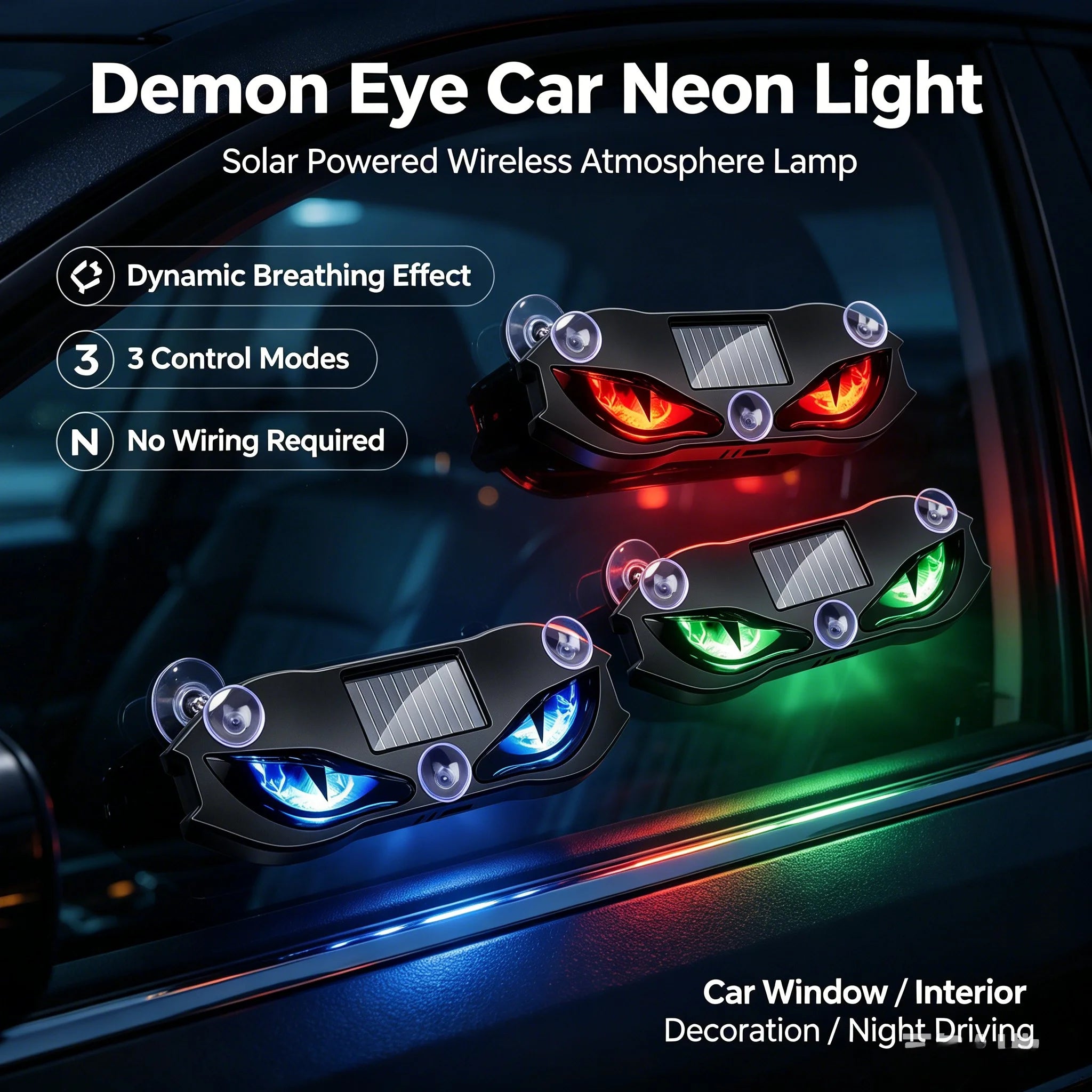 Universal Solar Powered Demon Eye Warning Light Dynamic Flashing Car Safety Signal Lamp Rear Windshield Decoration Light Zpaxo