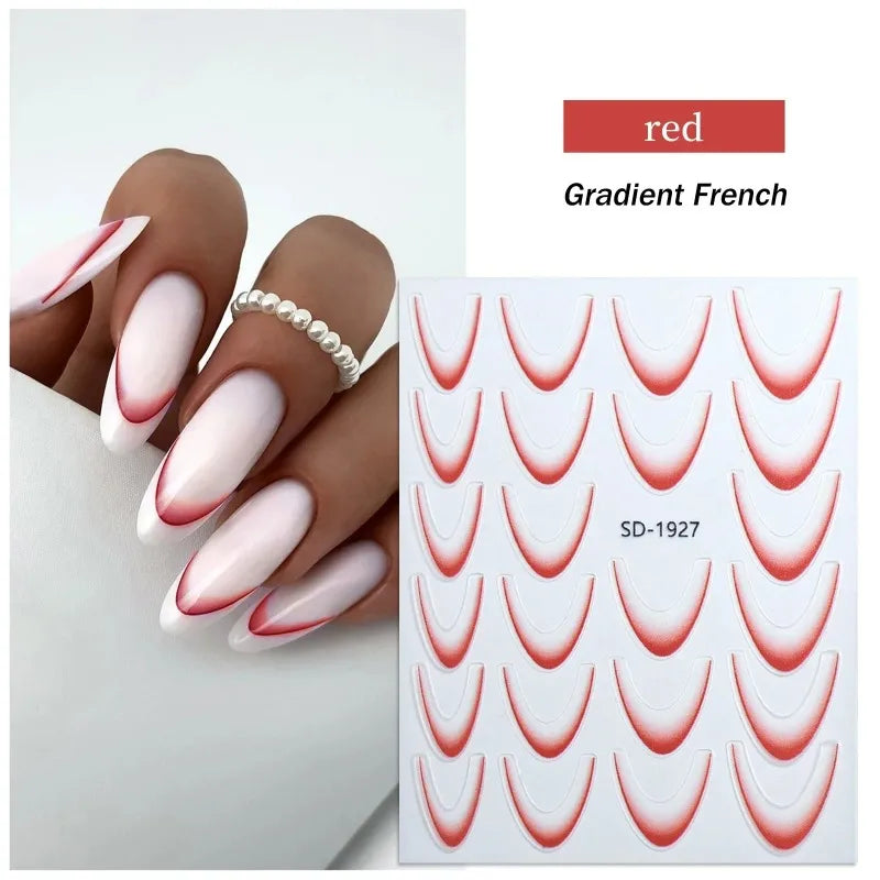 French Gradient Line Nail Art Stickers 3D Self-Adhesive White+Black Slider Design Nail Tip Stencil Manicure Guide DIY Nail Decor Zpaxo 05 Red