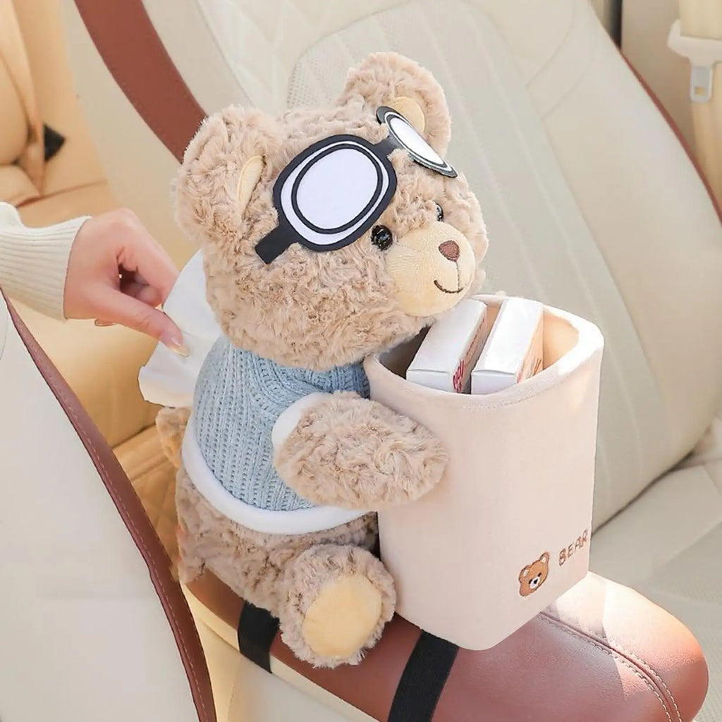 Car Tissue Box Auto Cartoon Trush Can 2-in-1 Stain Resistant Bear