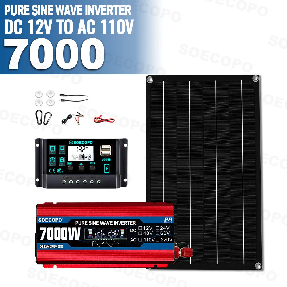 SOECOPO 7000W Portable Solar System Kit 600W Panel,Pure Sine Wave Inverter 12V To 110V/220V, 100A Controller for Camping Home Zpaxo 12V To 110V 60Hz