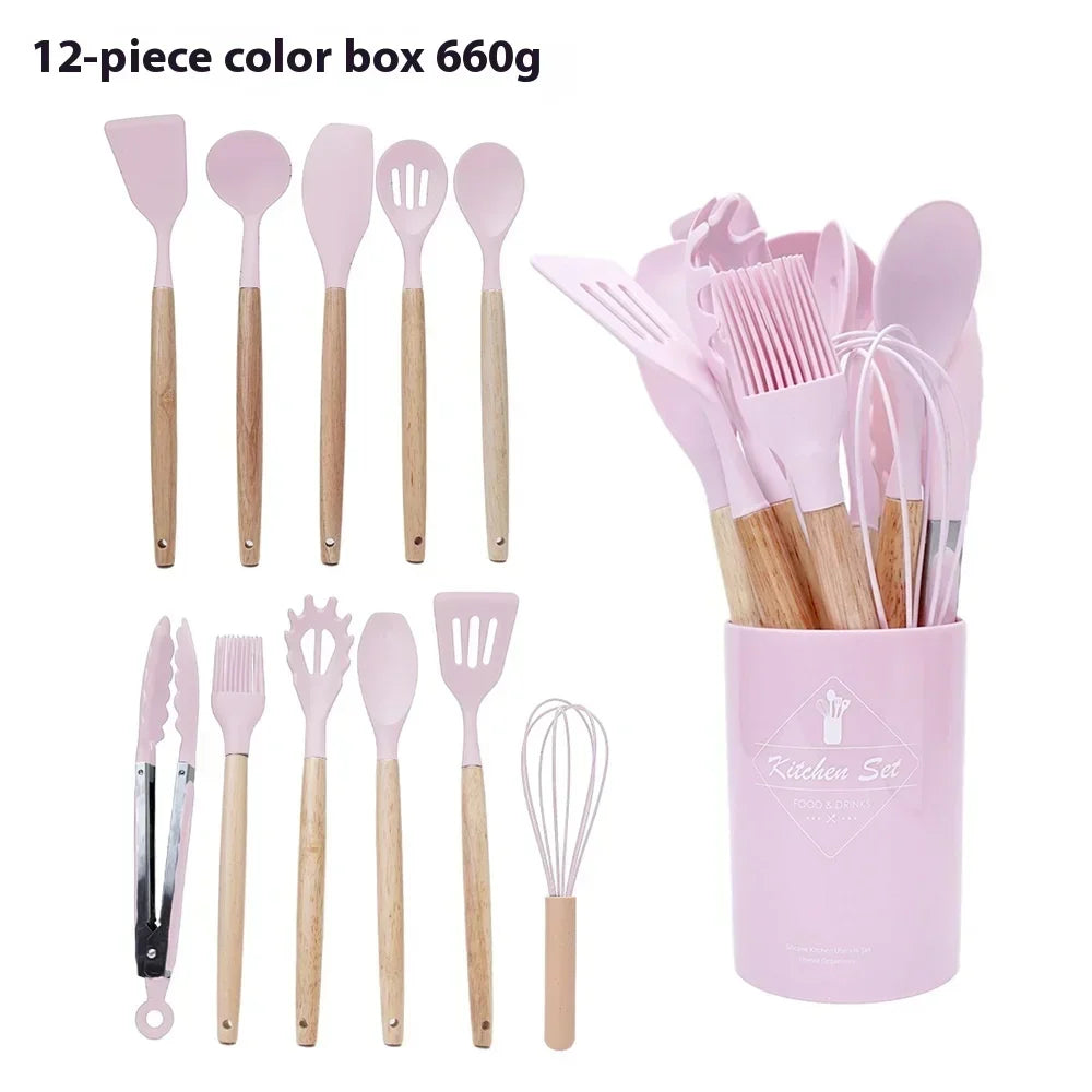 12-Piece Silicone Kitchen Utensils Set with Wooden Handles Cooking Utensil Set Zpaxo Pink 12Pcs