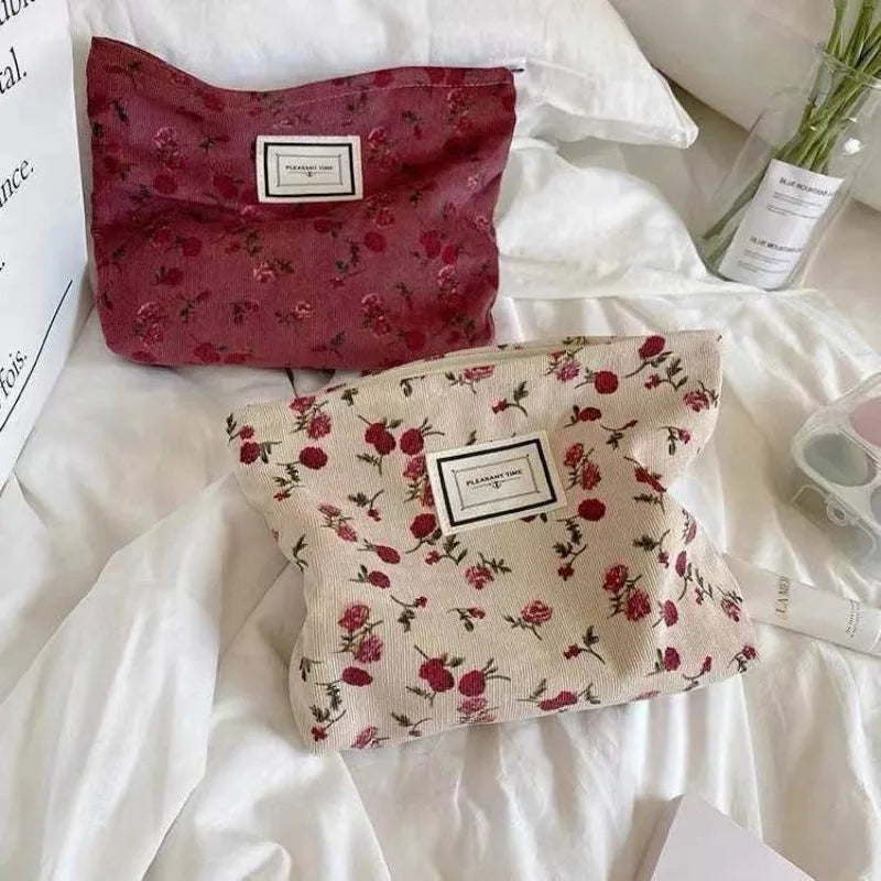 Korean Embroidery Floral Cosmetic Bag – Corduroy Makeup Pouch Travel Cosmetic Bag Zpaxo