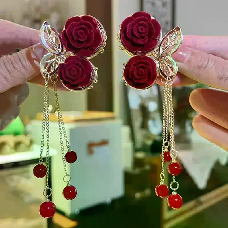 Vintage Elegant Red Flocked Rose Tassel Hair Clip Stylish Ponytail Zpaxo