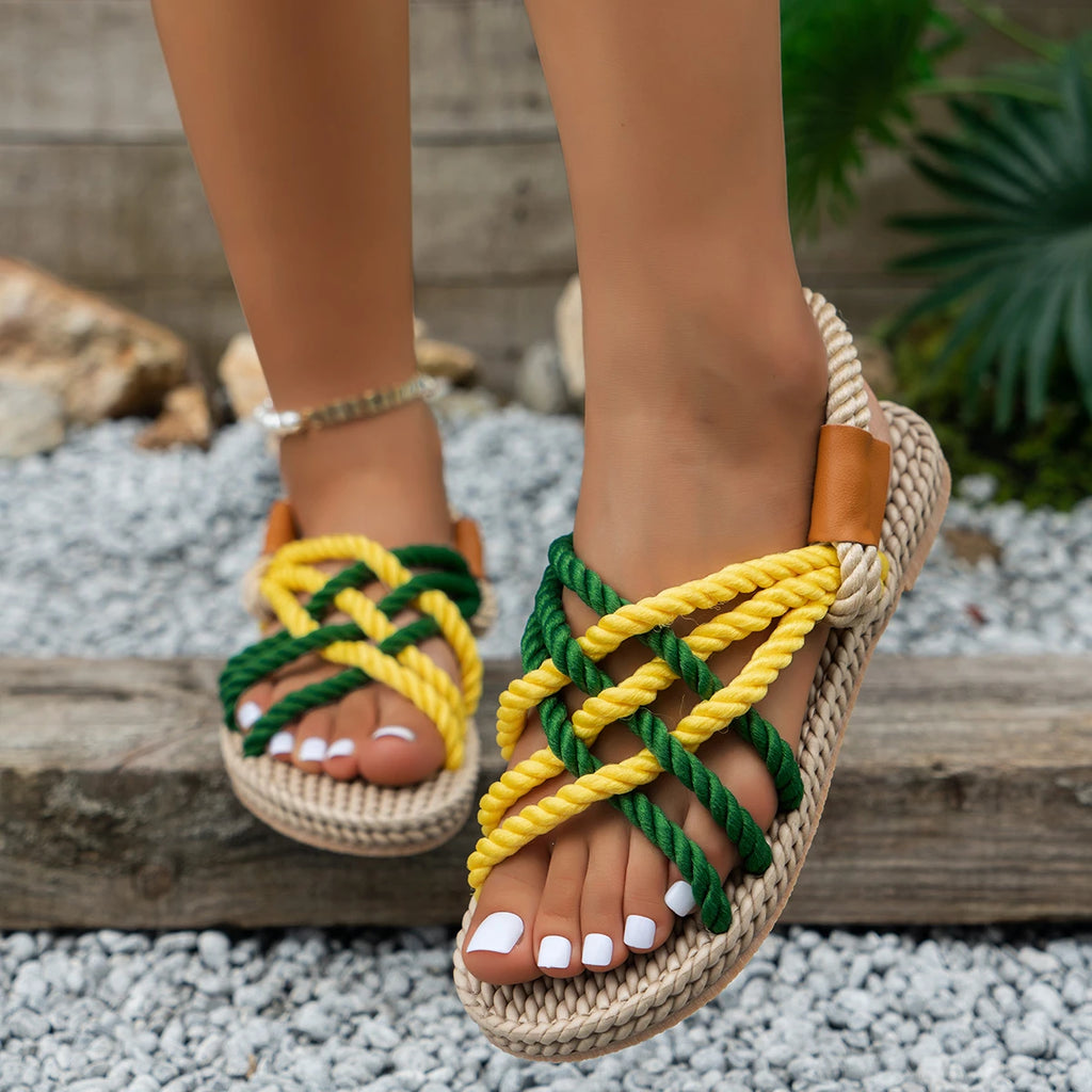 Designer Women Roman Beach Sandals 2026 New Summer Shoes Handmade Braided Rope Flats Shoes Women Versatile Outdoor Sandals Women Zpaxo Yellow-green 35