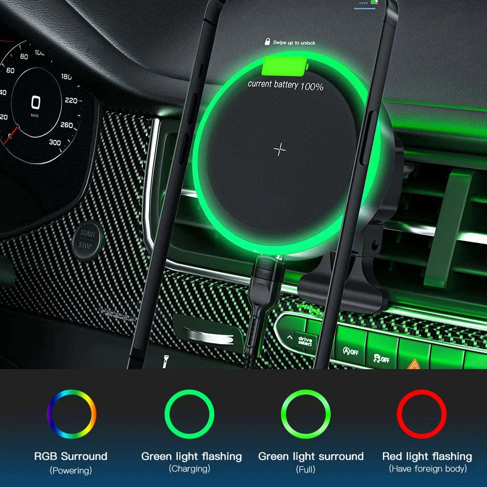 15W Fast Charging Magnetic Wireless Car Charger RGB LED Atmosphere Light Universal Air Vent Car Navigation Phone Holder Zpaxo