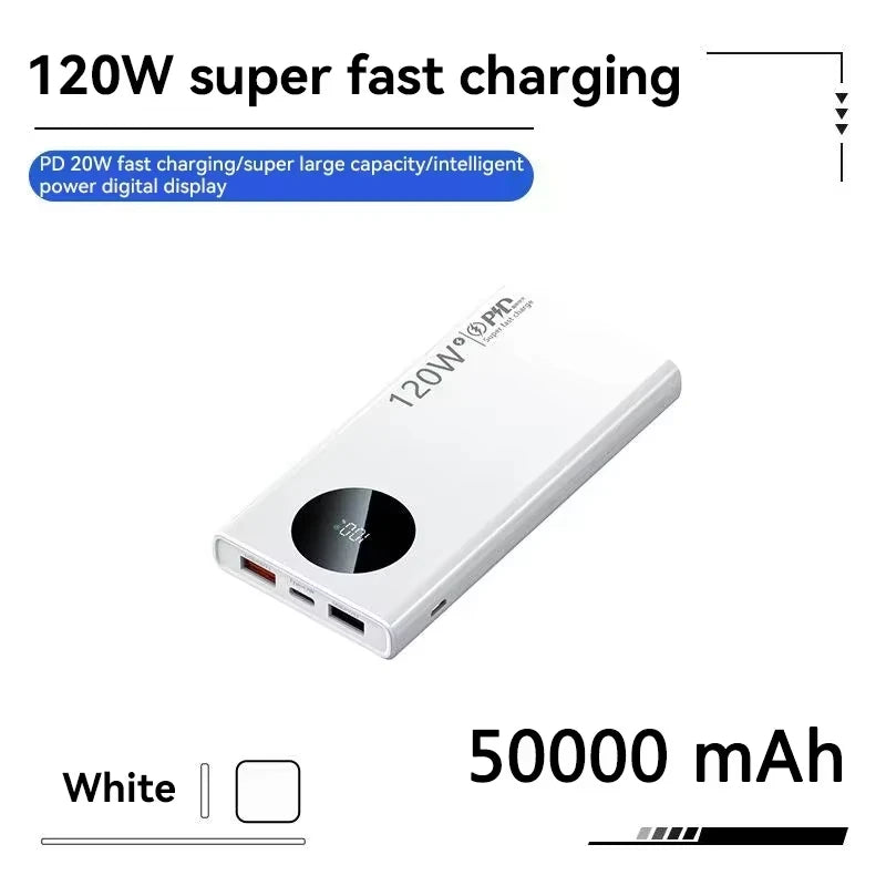 500000mAh Power Bank 120W Super Fast Charging PD20W Dual Way Digital Display Airplane Safe CCC For iPhone Samsung Xiaomi Zpaxo White 50000mAh Above 100000mAh