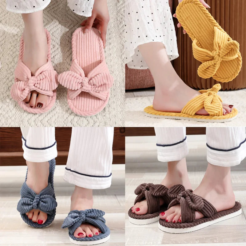Women's Bow Flat Heel Slippers Home Non-slip Open-toe Breathable All
