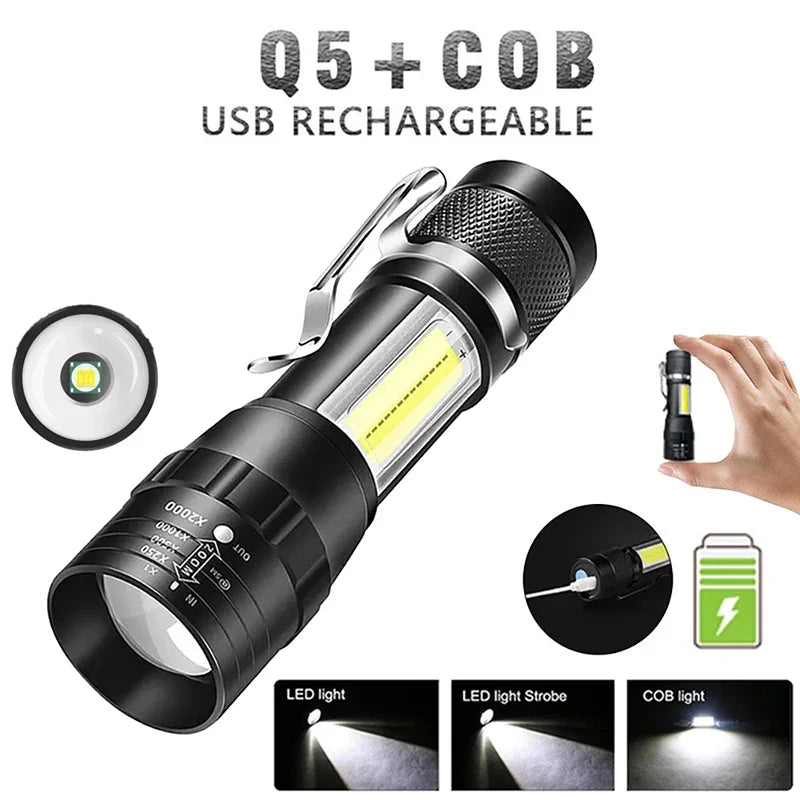 Mini COB+XPE Zoomable LED Torch – USB Rechargeable Flashlight