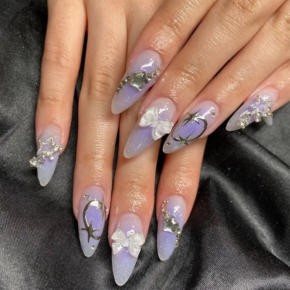 Manicure Long Almond False Nails French White Edge Press Bow Zpaxo JP2826