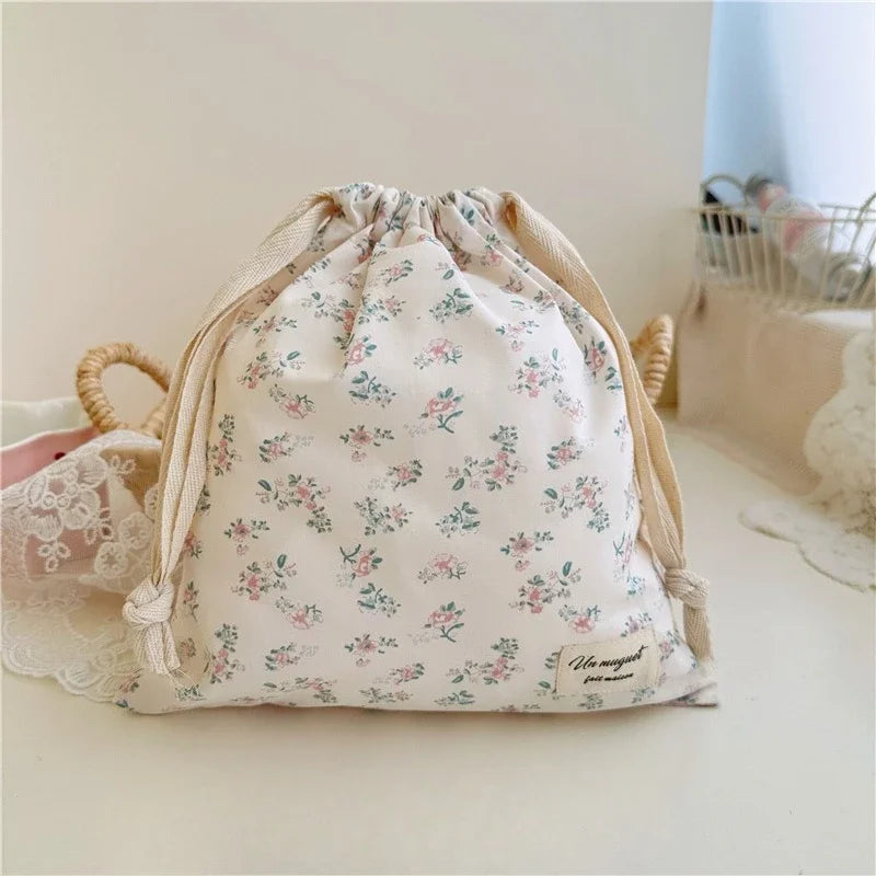 Hot Embroidery Bow Drawstring Bag, Multi-purpose Storage Box, Portable Travel and Home Dust Bag, Mom and Diaper Bag YUZI Zpaxo Apricot Pink Flower one size