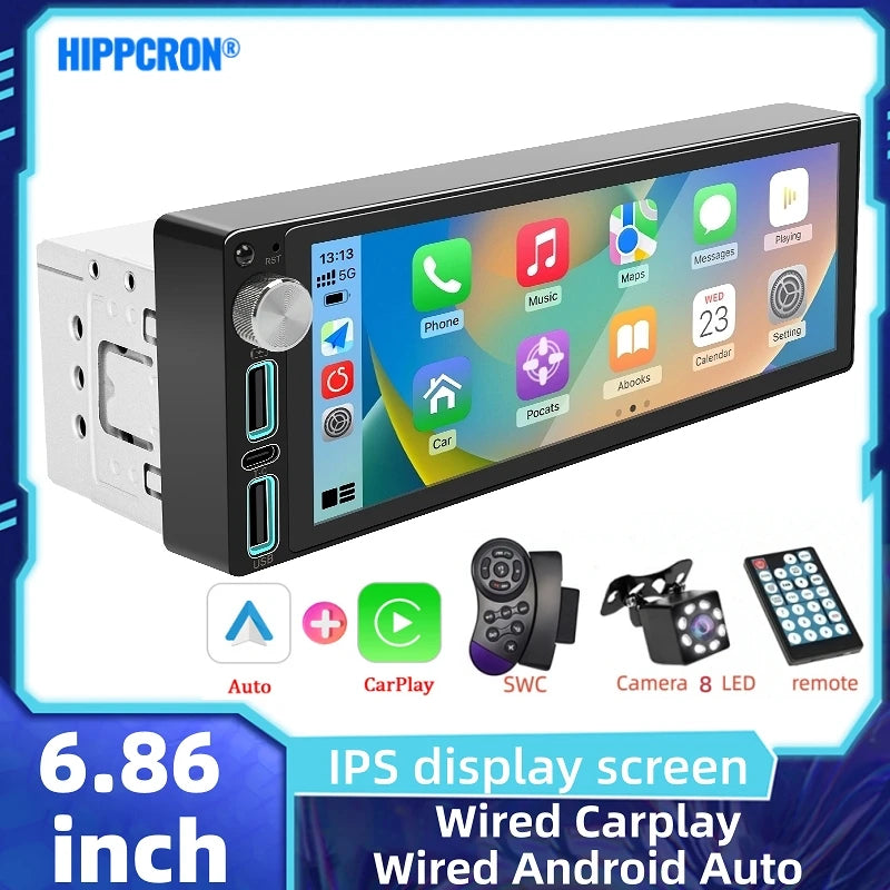 HIPPCRON Car Radio 1 Din Box Wired Carplay Android Auto Display