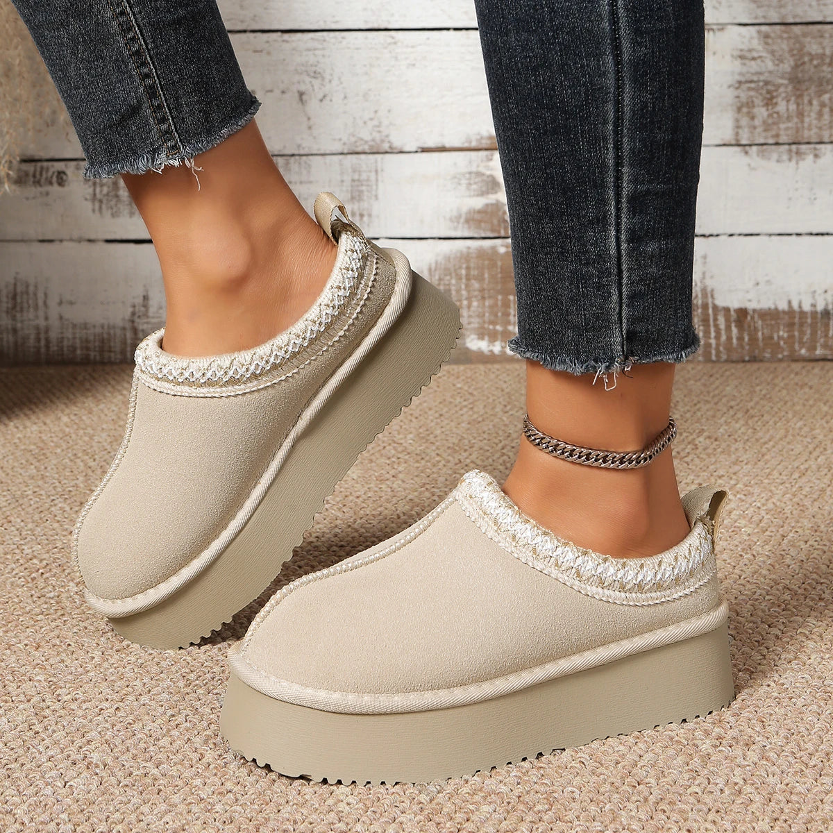 Women Slippers 2025 Platform Fluffy Slippers Women Home Large Size Slides Women House Flats Fashion Winter Designer Shoes Ladies Zpaxo Beige 36