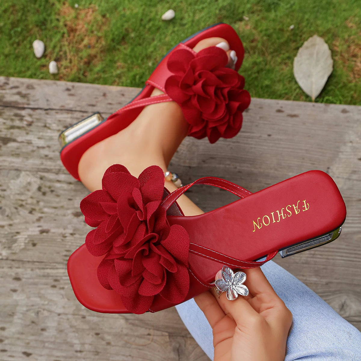 Women Sandals Summer Large Size Fashion Slippers Floral High Heel Open Toe Sandals Women Casual Retro Female High Heel Shoes Zpaxo Red 37